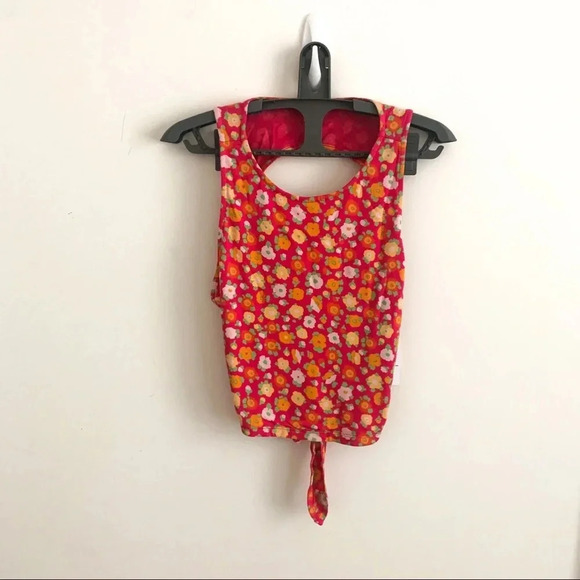 Y2K Retro BP Floral Crop Top Red Orange Pink Cut out back Sleeveless Boho - Picture 2 of 6